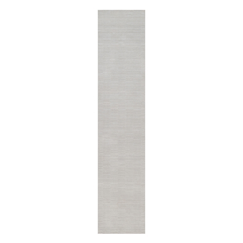 Daisy White, Hand Loomed, Plain Modern Striae Design, Textured, Polyester, Runner, Oriental 
