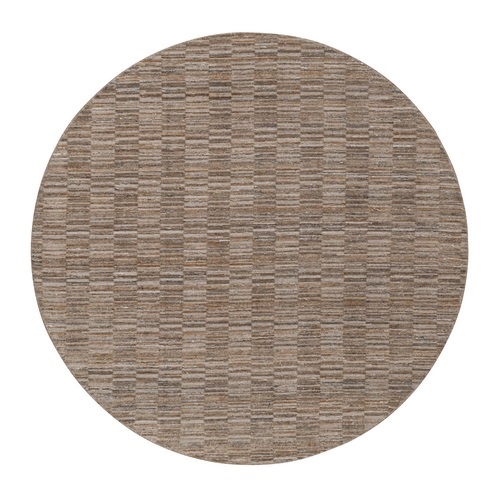 Beaver Brown, Textured, Hand Loomed, Modern Grid Pattern, Polyester, Round, Oriental 