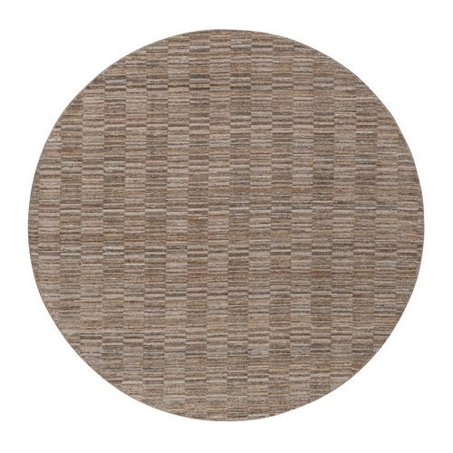Beaver Brown, Modern Grid Pattern, Polyester, Textured, Hand Loomed, Round, Oriental 