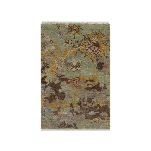 Cedar Green, Hand Knotted, Borderless Oushak with All Over Leaf Pattern, 100% Wool, Mat, Sample, Oriental 