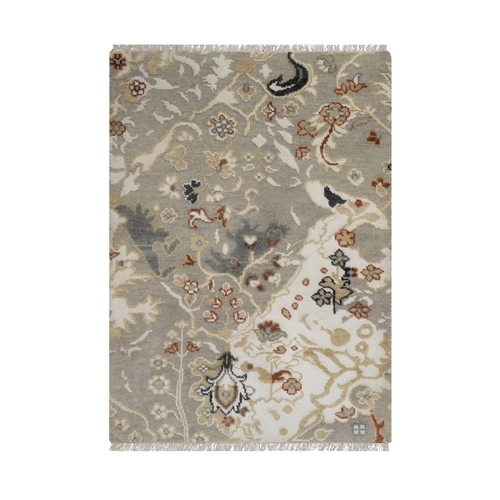 Agate Gray, Borderless Oushak with Leaf Design, Hand Knotted, 100% Wool, Densely Woven, Mat, Sample, Oriental 