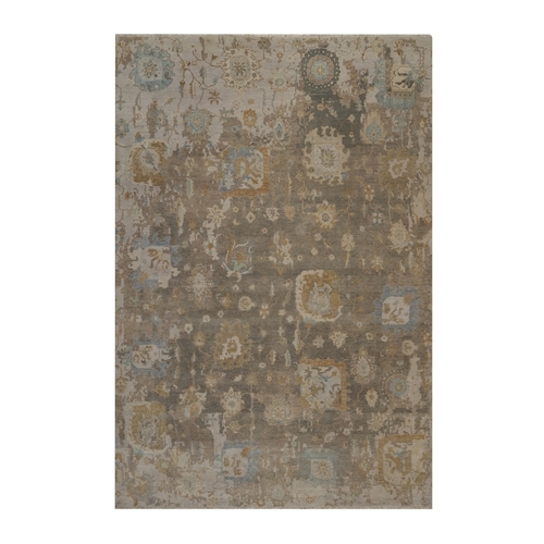 Cedar Brown, Borderless Oushak with Leaf Design, Hand Knotted, 100% Wool, Densely Woven, Oriental 