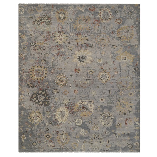Dove Gray, Borderless Oushak with Leaf Design, Hand Knotted, 100% Wool, Densely Woven, Oriental 