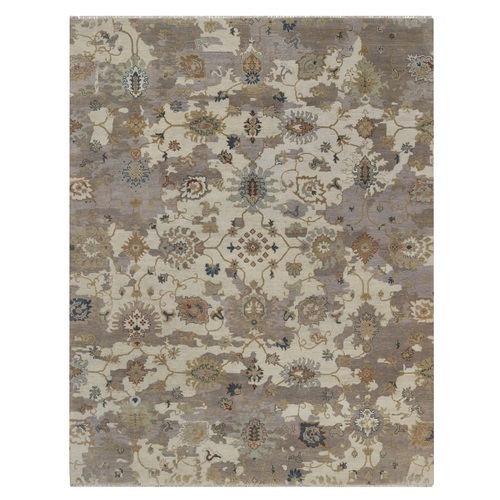 Chiffon White, Hand Knotted, Borderless Oushak with All Over Leaf Design, 100% Wool, Densely Woven, Oriental 