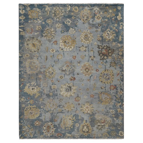 Shades of Gray, Borderless Oushak with Leaf Design, Hand Knotted, 100% Wool, Oriental 