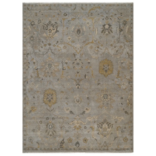 Stone Gray, Borderless Oushak with Leaf Design, Hand Knotted, 100% Wool, Densely Woven, Oriental 