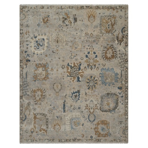 Bone White, Oushak with All Over Leaf Design, Densely Woven, Hand Knotted, 100% Wool, Oriental 