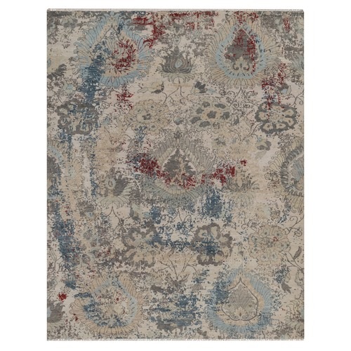 Cream White, Borderless Oushak with All Over Leaf Design, Hand Knotted, 100% Wool, Densely Woven, Oriental 