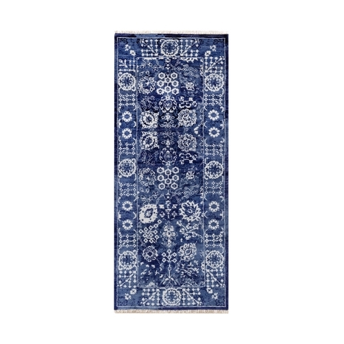 Yale Blue, Tabriz with All Over Leaf Design, Tone on Tone, Hand Knotted, Lush and Plush, Wool and Silk, Narrow Runner, Oriental 