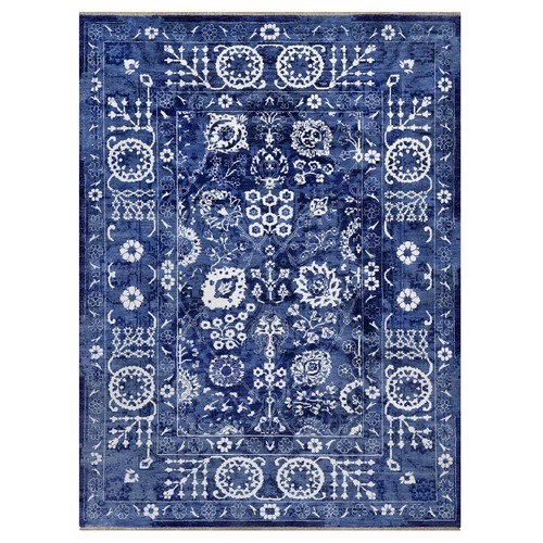 Yale Blue, Tone on Tone, Tabriz with All Over Leaf Design, Hand Knotted, Lush and Plush, Wool and Silk, Oriental 