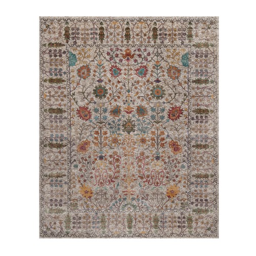 Pearl White, Hand Knotted, Directional Vase Design, Silk with Textured Wool, Oriental Rug