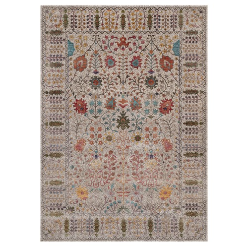Lace White, Silk with Textured Wool, Hand Knotted, Directional Vase Design, Oriental Rug