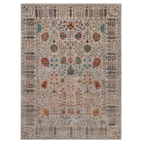 Snow White, Hand Knotted, Silk with Textured Wool, Directional Vase Design, Oriental Rug