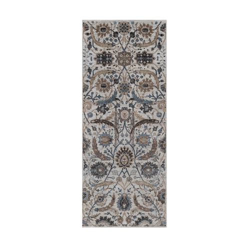 Light Gray, Sickle Leaf Design, Hand Knotted, Silk with Textured Wool, Plush and Lush, Borderless Runner, Oriental Rug