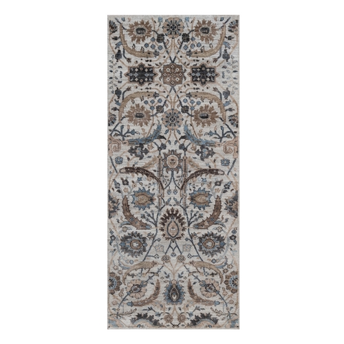Cloud Gray, Sickle Leaf Design, Hand Knotted, Plush and Lush, Silk with Textured Wool, Borderless, Runner, Oriental Rug