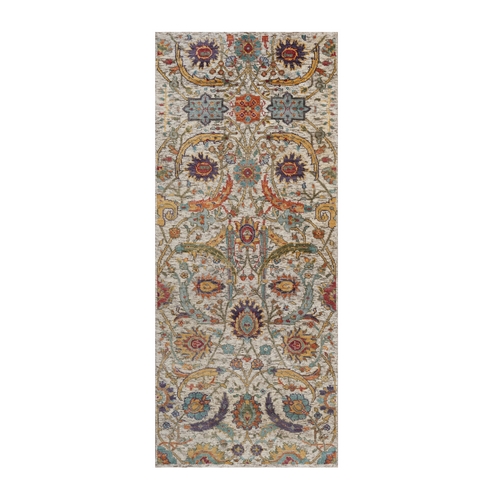 Ivory and Brown, Colorful Sickle Leaf Design, Hand Knotted, Silk with Textured Wool, Runner, Oriental 