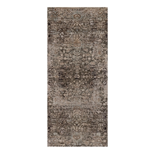 Shades of Brown, Hand Knotted, Transitional Persian Influence Erased All Over Design, Silk with Textured Wool, Runner, Oriental 