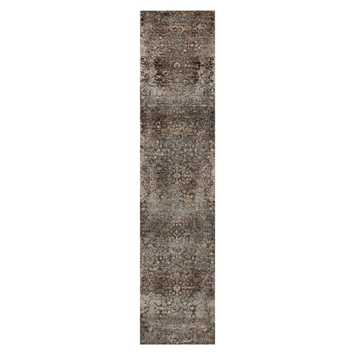 Shades of Brown, Transitional Persian Influence Erased Flower Design, Hand Knotted, Silk with Textured Wool, Runner, Oriental 