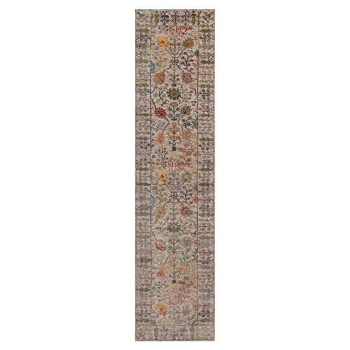 Pearl White, Directional Vase Design, Silk with Textured Wool, Hand Knotted, Runner, Oriental Rug