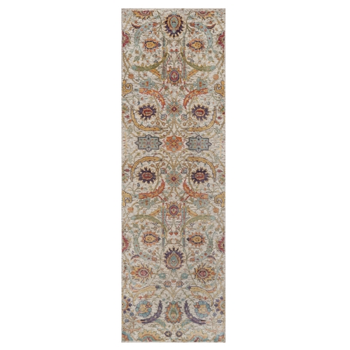 Ivory and Brown, Colorful Sickle Leaf Design, Hand Knotted, Silk with Textured Wool, Runner, Oriental 