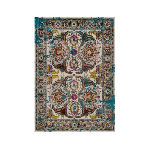 Cream White, Colorful Polonaise Broken Design, Wool and Sari Silk, Hand Knotted, Oriental Rug