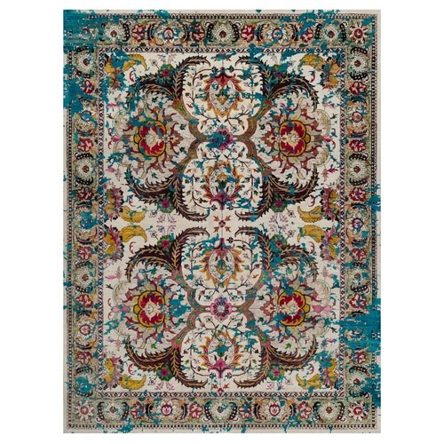 Papyrus White, Colorful Polonaise Broken Design, Hand Knotted, Wool and Sari Silk, Oriental Rug