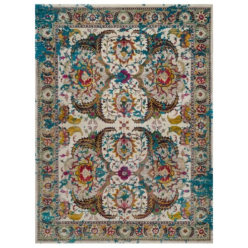 Vanilla Ice White, Colorful Polonaise Broken Design, Wool and Sari Silk, Hand Knotted, Oriental 