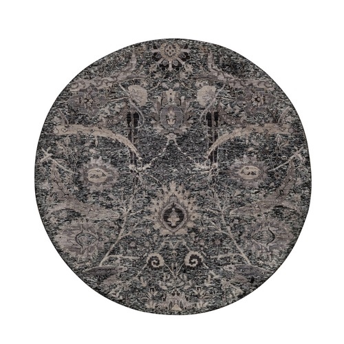 Charcoal Black, Hand Knotted, Plush and Lush, Sickle Leaf Design, Silk with Textured Wool, Borderless, Round, Oriental 