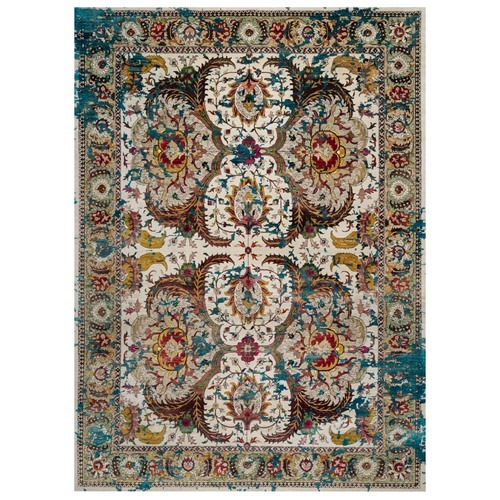 Papyrus White, Colorful Polonaise Broken Design, Wool and Sari Silk, Hand Knotted, Oriental Rug