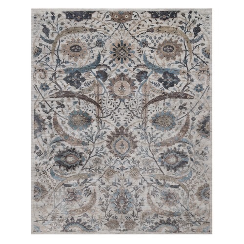 Light Gray, Sickle Leaf Design, Silk with Textured Wool, Plush and Lush, Hand Knotted, Borderless, Oriental Rug