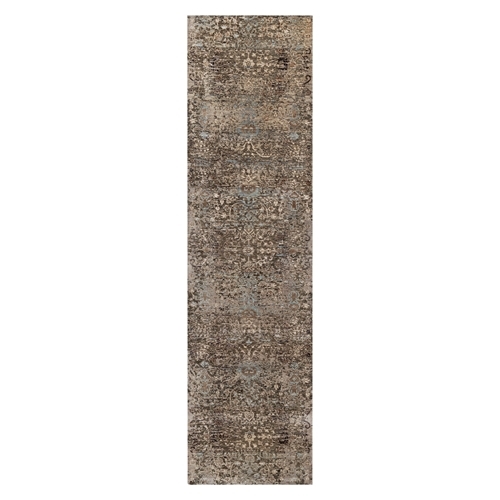 Shades of Brown, Transitional Persian Influence Erased Flower Design, Silk with Textured Wool, Hand Knotted, Runner, Oriental 
