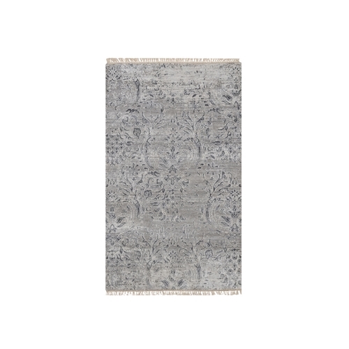 Cloud Gray, Hand Knotted, Damask Design, Tone on Tone, Wool and Plant Based Silk, Oriental 
