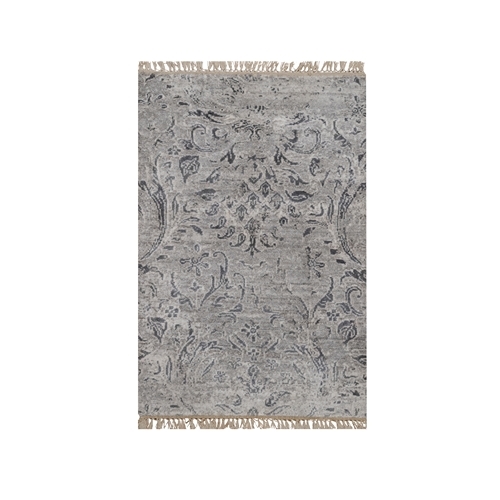Cloud Gray, Hand Knotted, Damask Design, Tone on Tone, Wool and Plant Based Silk, Mat, Sample, Oriental 