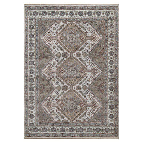 Whisper White, Shiraz Reimagined with Unique Flower Rosettes Border Design, Hand Knotted, Natural Wool, Thick and Plush, Oriental 