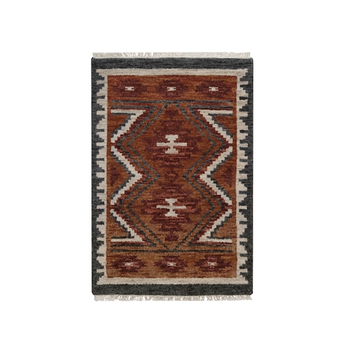 Amber Brown, Southwestern American Indian Design with Piled Construction, Plush and Lush, Hand Knotted, Pure Wool, Mat, Sample, Oriental 