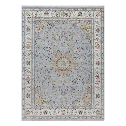 Light Blue, Wool and Silk, Nain with Flower Medallion Design, Hand Knotted, Soft Pile, 250 KPSI, Oriental Rug