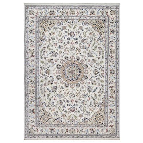 Pearl White, Hand Knotted, Nain with Flower Medallion Design, Wool and Silk, 250 KPSI, Soft Pile, Oriental 