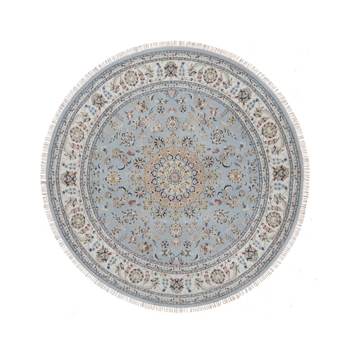 Light Blue, Nain with Flower Medallion Design, Hand Knotted, Wool and Silk, Soft Pile, 250 KPSI, Round, Oriental Rug