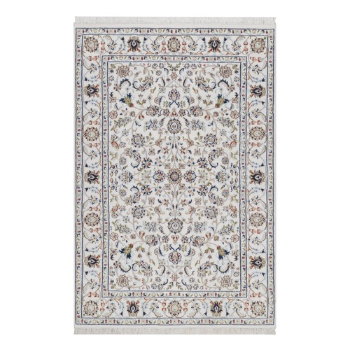 Pearl White, Nain with All Over Flower Design, Hand Knotted, Wool and Silk, 250 KPSI, Soft Pile, Oriental Rug