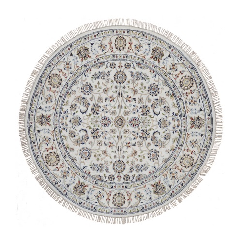 Pearl White, Nain with All Over Flower Design, Wool and Silk, 250 KPSI, Hand Knotted, Soft Pile, Round, Oriental Rug