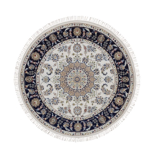 Pearl White, Wool and Silk, Nain with Flower Medallion Design, 250 KPSI, Hand Knotted, Soft Pile, Round, Oriental 