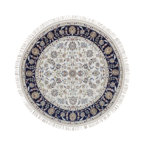 Pearl White, Nain with All Over Flower Design, Hand Knotted, 250 KPSI, Soft Pile, Wool and Silk, Round, Oriental Rug