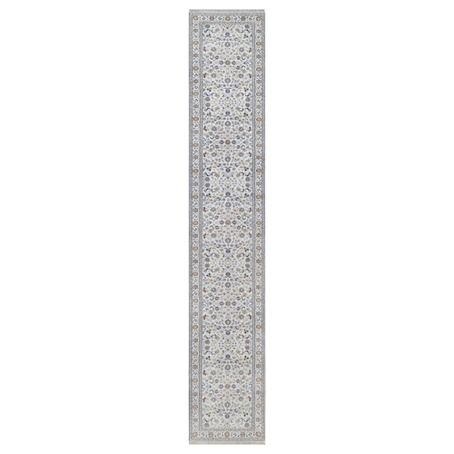 Pearl White, Hand Knotted, Nain with All Over Floral Pattern, Wool and Silk, 250 KPSI, Soft Pile, XL Runner, Oriental Rug