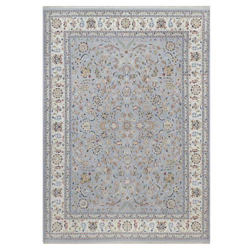 Light Blue, Hand Knotted, Nain with All Over Floral Pattern, Soft Pile, Wool and Silk, 250 KPSI, Oriental Rug