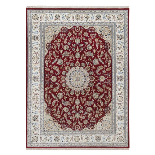 Rhubarb Red, Nain with Flower Medallion Design, Hand Knotted, 250 KPSI, Wool and Silk, Soft Pile, Oriental 