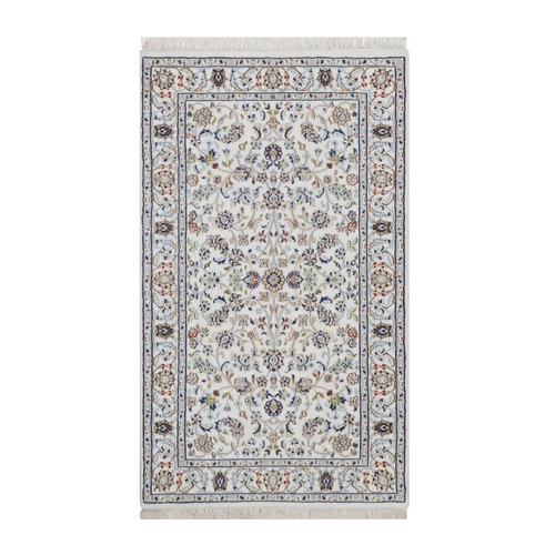 Pearl White, Nain with All Over Flower Design, Wool and Silk, 250 KPSI, Hand Knotted, Soft Pile, Oriental Rug