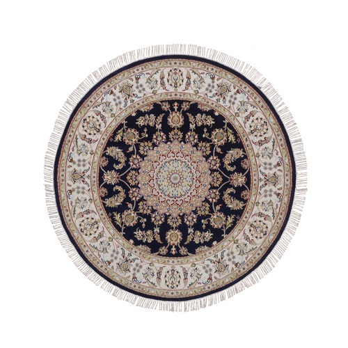 Midnight Blue, Nain with Flower Medallion Design, Hand Knotted, Soft Pile, 250 KPSI, Wool and Silk, Round, Oriental 