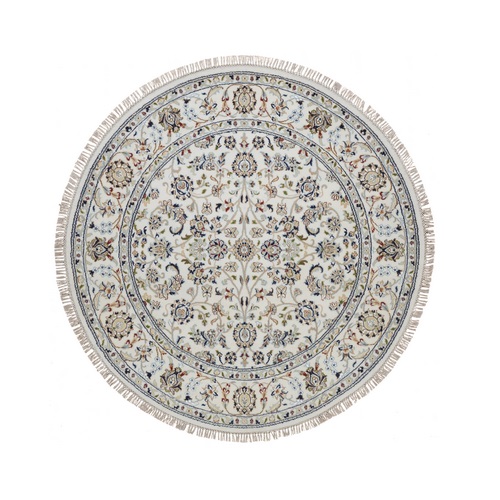 Pearl White, 250 KPSI, Nain with All Over Flower Design, Wool and Silk, Hand Knotted, Soft Pile, Oriental Rug