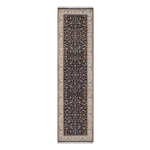Midnight Blue, Hand Knotted, Nain with All Over Flower Design, Soft Pile, Wool and Silk, 250 KPSI, Runner, Oriental 