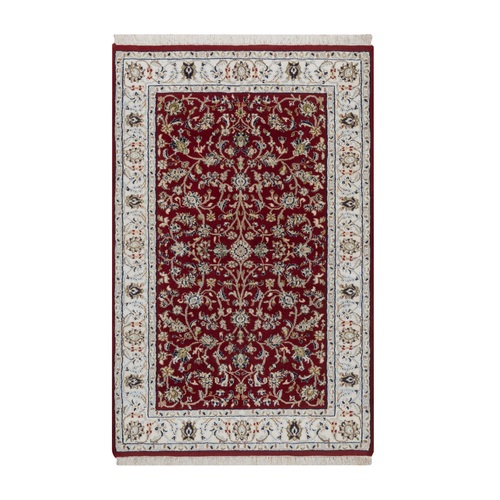 Rhubarb Red, Nain with All Over Flower Design, Hand Knotted, Soft Pile, Wool and Silk, 250 KPSI, Oriental 